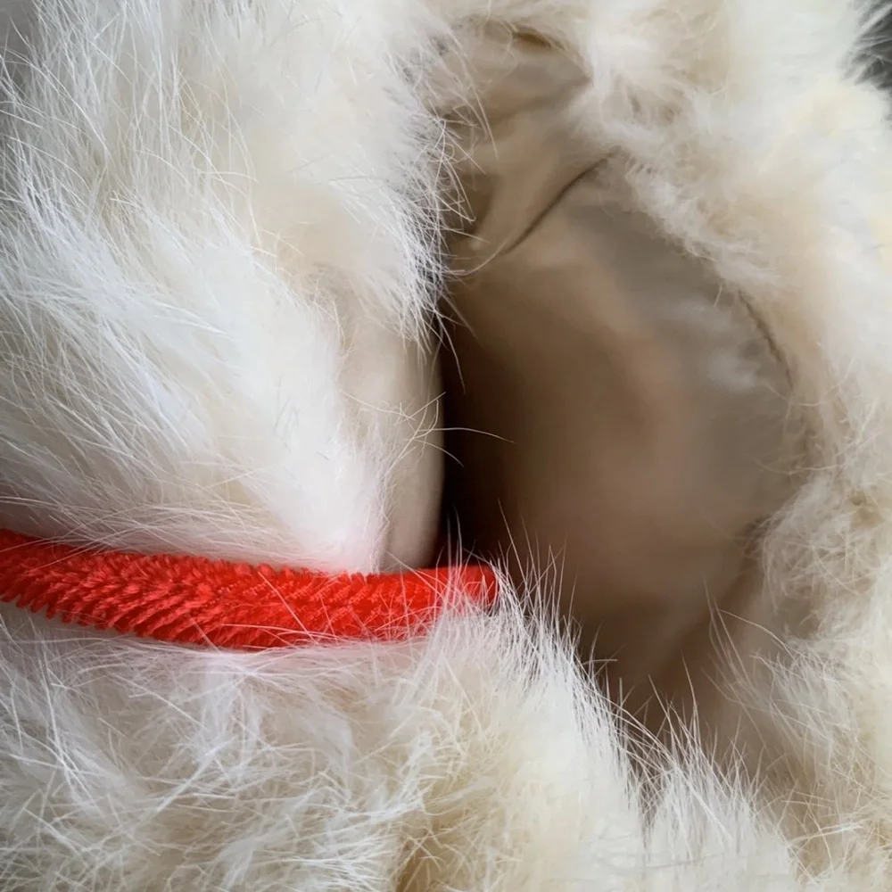 Vintage 60’s White Rabbit Fur Hand Muff with Red Strap